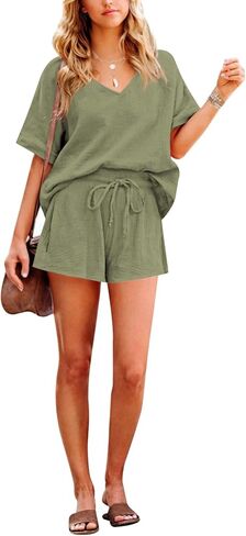 Zeagoo Women's 2 Piece Cotton Linen Tracksuit Short Sleeve Casual Shorts Set V Neck Beach Outfits in Saudi Arabia