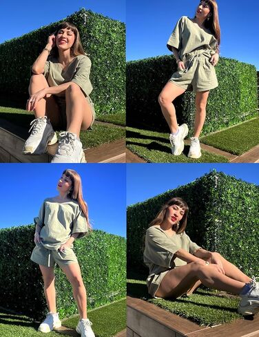 Zeagoo Women's 2 Piece Cotton Linen Tracksuit Short Sleeve Casual Shorts Set V Neck Beach Outfits in Saudi Arabia