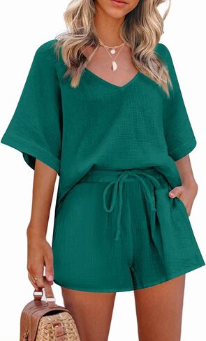Zeagoo Women's 2 Piece Cotton Linen Tracksuit Short Sleeve Casual Shorts Set V Neck Beach Outfits in Saudi Arabia