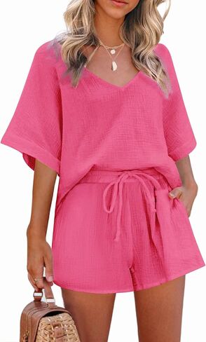 Zeagoo Women's 2 Piece Cotton Linen Tracksuit Short Sleeve Casual Shorts Set V Neck Beach Outfits in Saudi Arabia