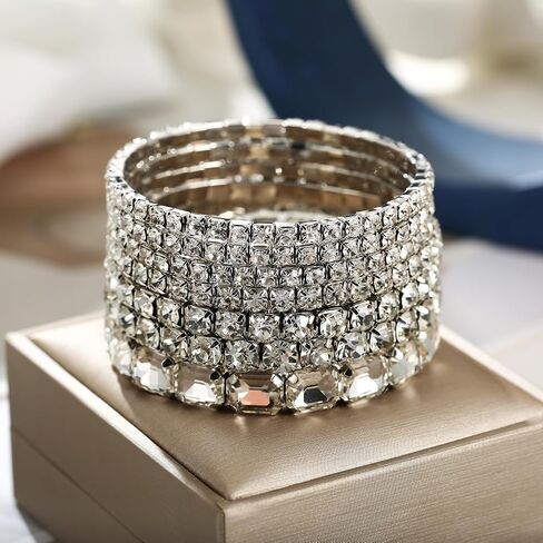 7 PCS Crystal Stretch Bracelets for Women, Bridal Wedding Stackable Layered Rhinestone Bracelets Set Evening Party Jewelry in Saudi Arabia