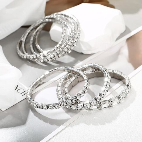 7 PCS Crystal Stretch Bracelets for Women, Bridal Wedding Stackable Layered Rhinestone Bracelets Set Evening Party Jewelry in Saudi Arabia