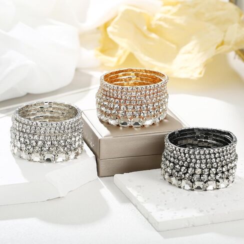 7 PCS Crystal Stretch Bracelets for Women, Bridal Wedding Stackable Layered Rhinestone Bracelets Set Evening Party Jewelry in Saudi Arabia