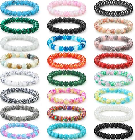 24 Pcs 8mm Gemstones Beaded Bracelets for Men Women Stretch Round Bead Bracelets Set Healing Crystal Stone Bracelets Semi Precious Bracelets in Kuwait