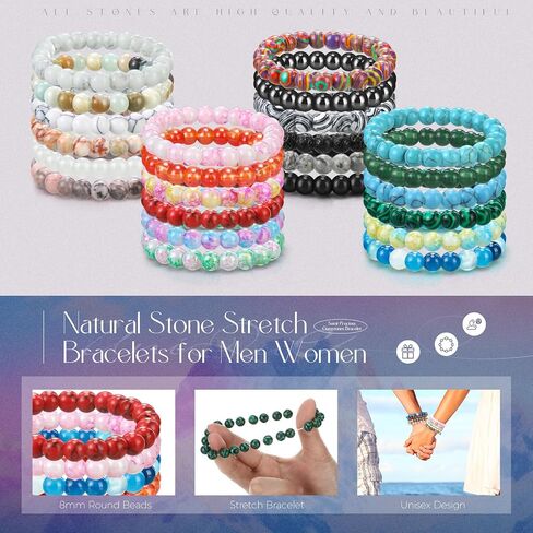 24 Pcs 8mm Gemstones Beaded Bracelets for Men Women Stretch Round Bead Bracelets Set Healing Crystal Stone Bracelets Semi Precious Bracelets in Kuwait