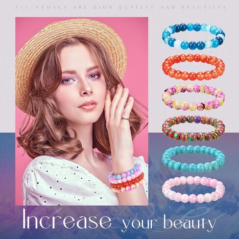 24 Pcs 8mm Gemstones Beaded Bracelets for Men Women Stretch Round Bead Bracelets Set Healing Crystal Stone Bracelets Semi Precious Bracelets in Kuwait