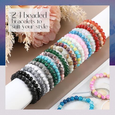 24 Pcs 8mm Gemstones Beaded Bracelets for Men Women Stretch Round Bead Bracelets Set Healing Crystal Stone Bracelets Semi Precious Bracelets in Kuwait