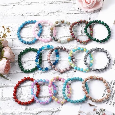 24 Pcs 8mm Gemstones Beaded Bracelets for Men Women Stretch Round Bead Bracelets Set Healing Crystal Stone Bracelets Semi Precious Bracelets in Kuwait