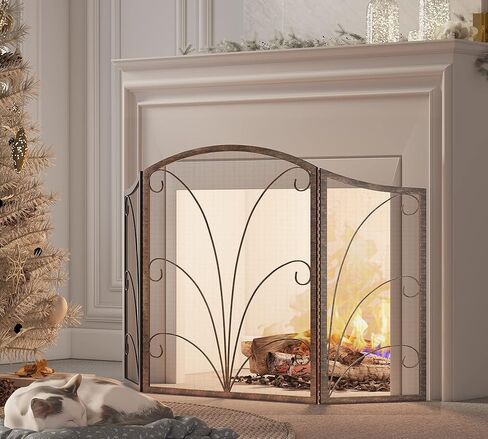 3-Panel Arched Childproof Fireplace Screen Decorative, Handcrafted Scroll Wrought Iron Fireplace Spark Guard Cover-Gold in Saudi Arabia
