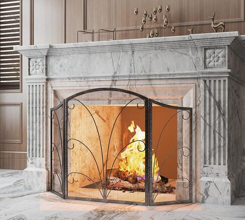 3-Panel Arched Childproof Fireplace Screen Decorative, Handcrafted Scroll Wrought Iron Fireplace Spark Guard Cover-Gold in Saudi Arabia