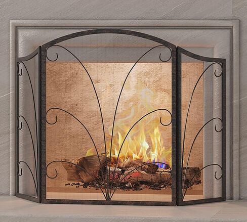 3-Panel Arched Childproof Fireplace Screen Decorative, Handcrafted Scroll Wrought Iron Fireplace Spark Guard Cover-Gold in Saudi Arabia