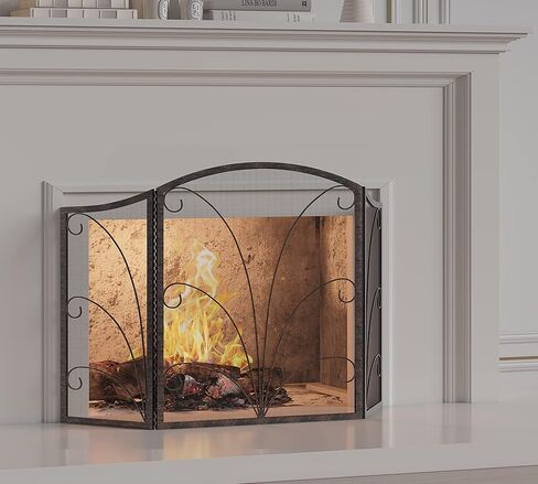 3-Panel Arched Childproof Fireplace Screen Decorative, Handcrafted Scroll Wrought Iron Fireplace Spark Guard Cover-Gold in Saudi Arabia