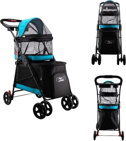 Double Decker Pet Stroller - Black: Dual Bassinets for Multiple Pets, Removable Pee Pads, Adjustable Leashes, Mesh Windows, Swivel Wheel, One-Hand Fold, Lightweight, for Small/Medium Dogs/Cats/Pets in Saudi Arabia