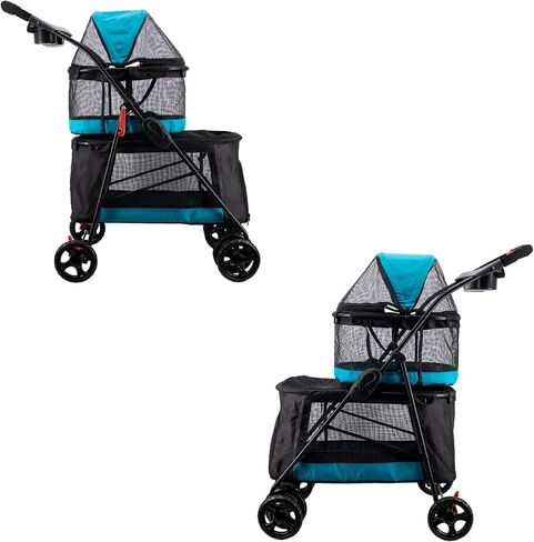 Double Decker Pet Stroller - Black: Dual Bassinets for Multiple Pets, Removable Pee Pads, Adjustable Leashes, Mesh Windows, Swivel Wheel, One-Hand Fold, Lightweight, for Small/Medium Dogs/Cats/Pets in Saudi Arabia