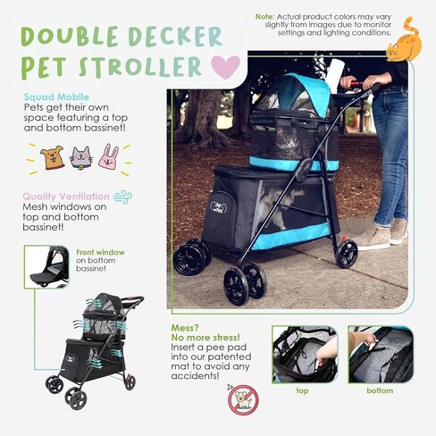 Double Decker Pet Stroller - Black: Dual Bassinets for Multiple Pets, Removable Pee Pads, Adjustable Leashes, Mesh Windows, Swivel Wheel, One-Hand Fold, Lightweight, for Small/Medium Dogs/Cats/Pets in Saudi Arabia
