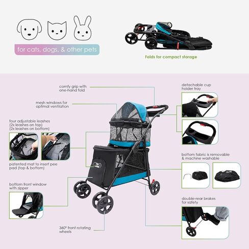 Double Decker Pet Stroller - Black: Dual Bassinets for Multiple Pets, Removable Pee Pads, Adjustable Leashes, Mesh Windows, Swivel Wheel, One-Hand Fold, Lightweight, for Small/Medium Dogs/Cats/Pets in Saudi Arabia