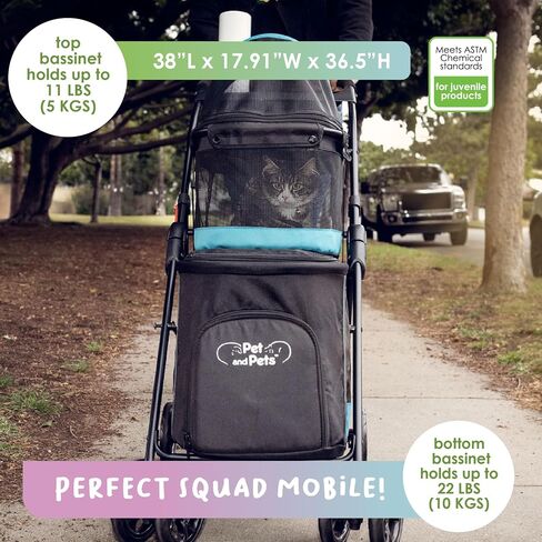 Double Decker Pet Stroller - Black: Dual Bassinets for Multiple Pets, Removable Pee Pads, Adjustable Leashes, Mesh Windows, Swivel Wheel, One-Hand Fold, Lightweight, for Small/Medium Dogs/Cats/Pets in Saudi Arabia
