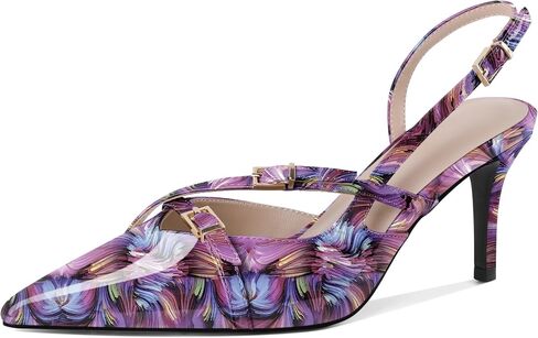 Zamikoo كعب Slingback للنساء مع حزام بإبزيم ومقدمة مدببة سهل الارتداء وكعب عالٍ من الجلد اللامع 3 بوصات in Saudi Arabia