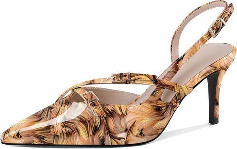Zamikoo كعب Slingback للنساء مع حزام بإبزيم ومقدمة مدببة سهل الارتداء وكعب عالٍ من الجلد اللامع 3 بوصات in Saudi Arabia