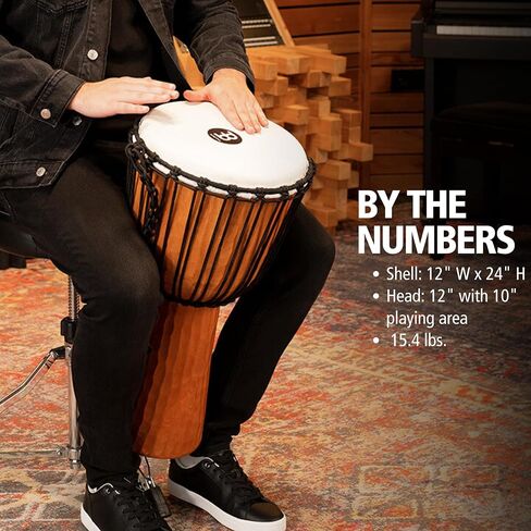 Meinl Percussion Djembe Hand Drum Circle Instrument، سلسلة عناوين الماهوجني المنحوتة - غير مصنوعة في الصين - حبال نسج مالي الأفريقية، ضمان لمدة عامين، نيل، متوسط ​​(HDJ4-M) in Kuwait