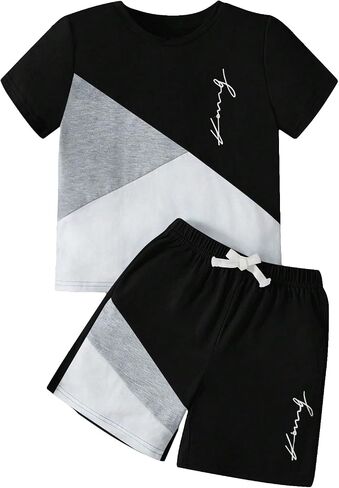 SweatyRocks Boy's 2 Piece Outfits Color Block Letter Print Round Neck Tee Top and Drawstring Waist Shorts Set in Saudi Arabia