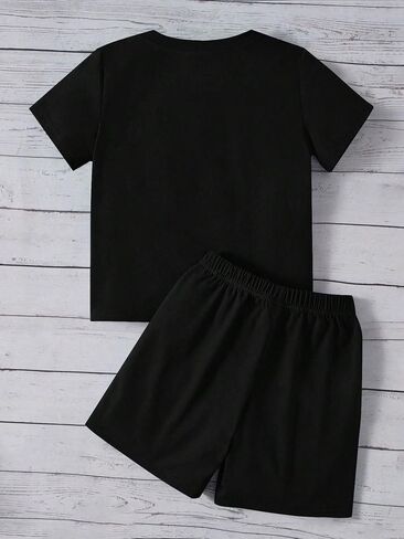 SweatyRocks Boy's 2 Piece Outfits Color Block Letter Print Round Neck Tee Top and Drawstring Waist Shorts Set in Saudi Arabia