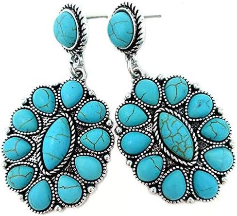 Western Turquoise Oval Post Earrings Squash Blossom Boho in Kuwait