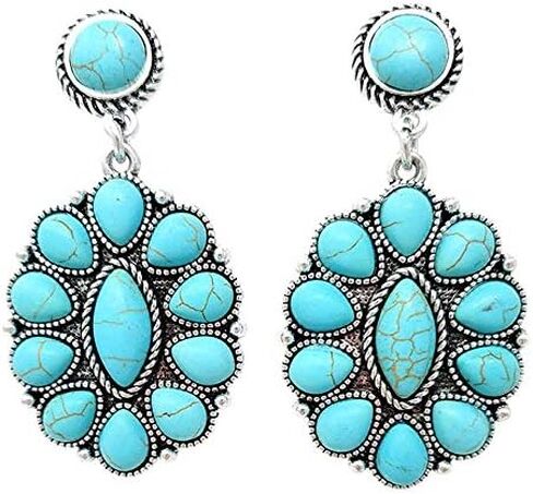 Western Turquoise Oval Post Earrings Squash Blossom Boho in Kuwait