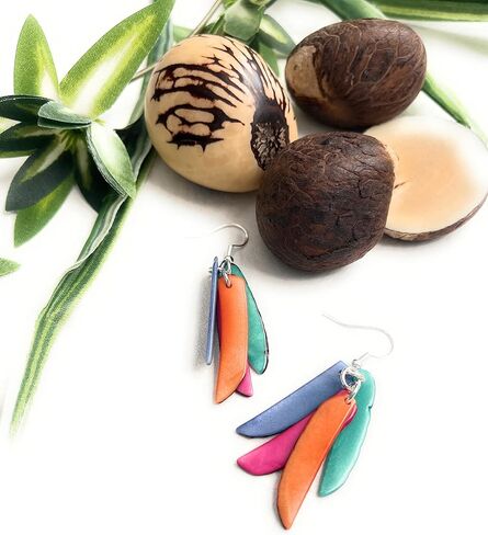 Tagua Earrings in Green, pink, blue, orange Vegetable Ivory Dangle Earrings TAG267, Organic Earrings, Tagua Earrings multi color in Saudi Arabia