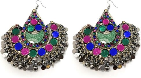 Afghan Tribal Womens Oxidized Metal Antique Statement Big Dangle Earrings in Multicolor - Costume Party Halloween Boho Dandiya - Duel On Jewel in Saudi Arabia