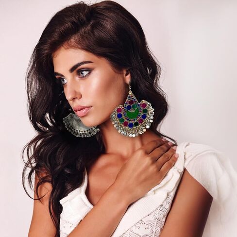Afghan Tribal Womens Oxidized Metal Antique Statement Big Dangle Earrings in Multicolor - Costume Party Halloween Boho Dandiya - Duel On Jewel in Saudi Arabia