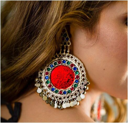 Afghan Tribal Womens Oxidized Metal Antique Statement Big Dangle Earrings in Multicolor - Costume Party Halloween Boho Dandiya - Duel On Jewel in Saudi Arabia