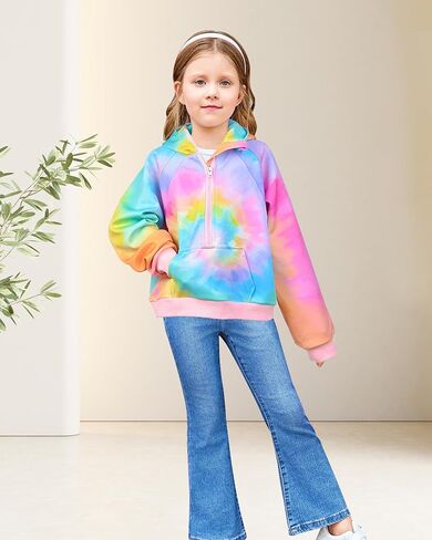Girls Half Zip Hoodies Sweatshirts for 6-12Y Casual Collar Crop Tops Long Sleeve Pullover with Pockets Thumb Hole in Saudi Arabia