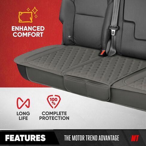 Motor Trend Rear Seat Cushion - Gray Diamond Stitched Faux Leather Rear Seat Cover for Cars, Trucks, SUVs - Padded, Waterproof, Non-Slip Back Seat Cover with Storage Pockets in Kuwait