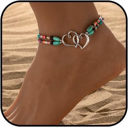 Ankle Bracelets for Women Waterproof Anklet Elastic Heart Anklet Stretchy Ankle Bracelets Colorful Beaded Anklets Boho Ankle Bracelets Silver Beach Anklet Jewelry Accessories for Summer in Saudi Arabia