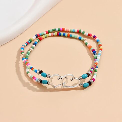Ankle Bracelets for Women Waterproof Anklet Elastic Heart Anklet Stretchy Ankle Bracelets Colorful Beaded Anklets Boho Ankle Bracelets Silver Beach Anklet Jewelry Accessories for Summer in Saudi Arabia