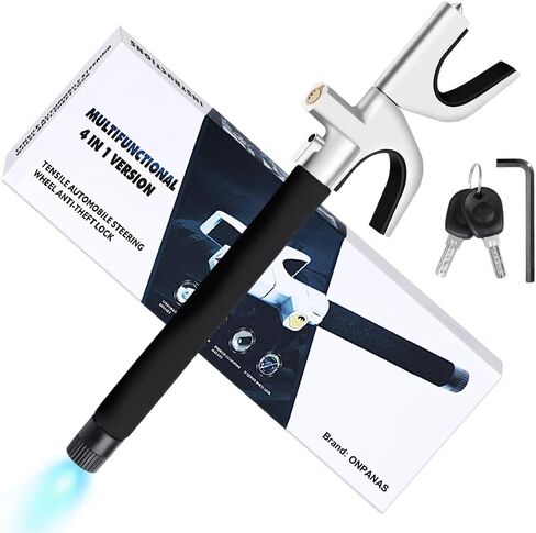 4-in-1 Steering Wheel Lock with Emergency Hammer,Flashlight/SOS LED Light,Seat Belt Cutter,2 Keys Retractable Steering Lock,Universal Vehicle Anti-Theft Lock for Car/Truck/SUV/Van(Black) in Saudi Arabia