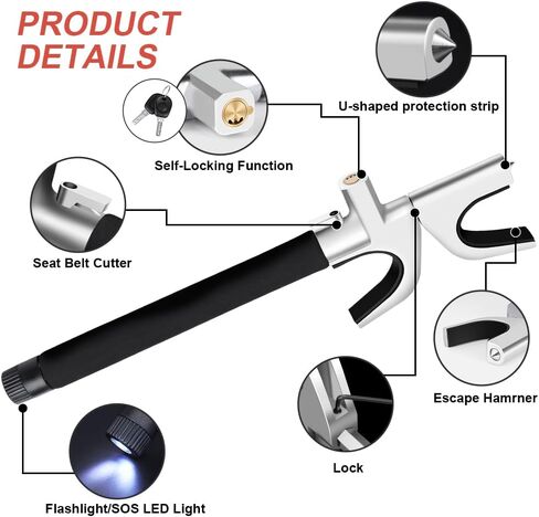 4-in-1 Steering Wheel Lock with Emergency Hammer,Flashlight/SOS LED Light,Seat Belt Cutter,2 Keys Retractable Steering Lock,Universal Vehicle Anti-Theft Lock for Car/Truck/SUV/Van(Black) in Saudi Arabia