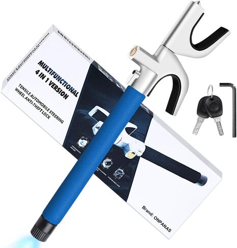 4-in-1 Steering Wheel Lock with Emergency Hammer,Flashlight/SOS LED Light,Seat Belt Cutter,2 Keys Retractable Steering Lock,Universal Vehicle Anti-Theft Lock for Car/Truck/SUV/Van(Black) in Saudi Arabia