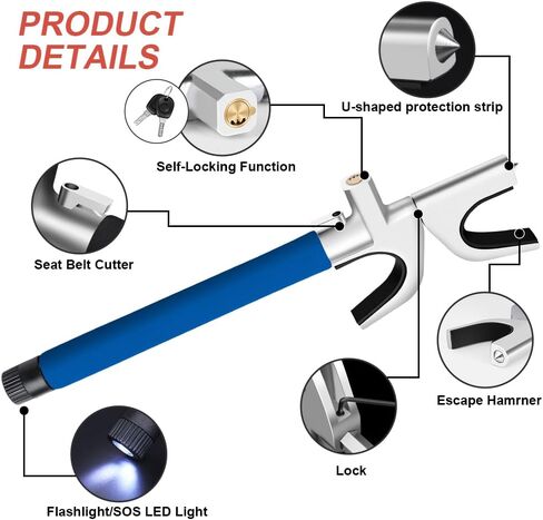 4-in-1 Steering Wheel Lock with Emergency Hammer,Flashlight/SOS LED Light,Seat Belt Cutter,2 Keys Retractable Steering Lock,Universal Vehicle Anti-Theft Lock for Car/Truck/SUV/Van(Black) in Saudi Arabia