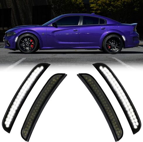 أضواء جانبية للشاحن 2015-2023. مجموعة مصابيح LED الأمامية والخلفية بعدسات مدخنة، وظيفة مصباح وقوف السيارات الأبيض، متوافقة مع شاحن SXT، لـ Scatpack، لـ SRT Hellcat in Kuwait