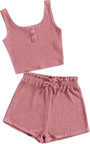 Girl's 2 Piece Outfits Waffle Knit Scoop Neck Button Down Crop Tank Tops Paperbag Waist Track Shorts in Saudi Arabia