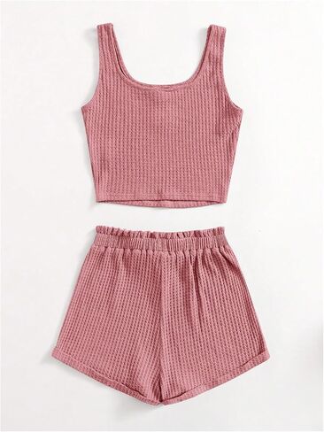 Girl's 2 Piece Outfits Waffle Knit Scoop Neck Button Down Crop Tank Tops Paperbag Waist Track Shorts in Saudi Arabia