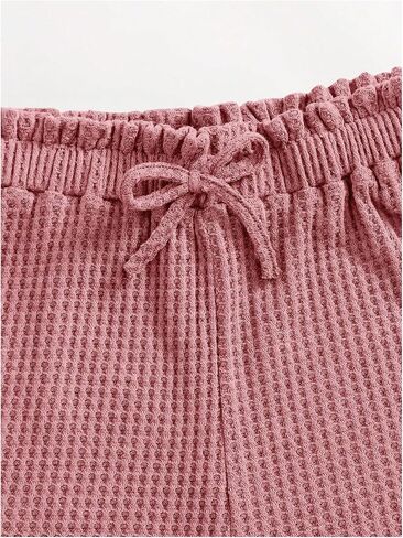Girl's 2 Piece Outfits Waffle Knit Scoop Neck Button Down Crop Tank Tops Paperbag Waist Track Shorts in Saudi Arabia