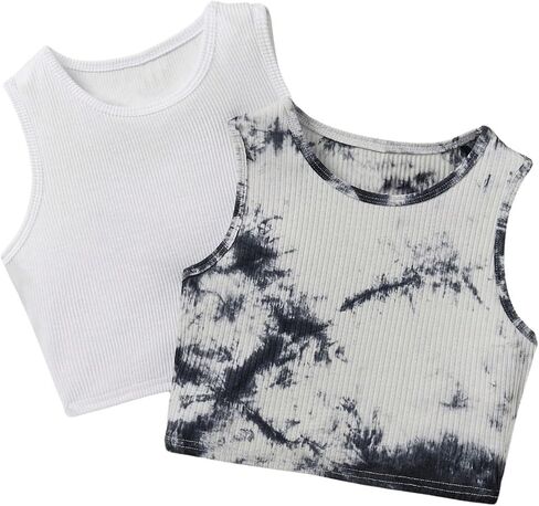 Milumia Girl's 2 Piece Tie Dye Ribbed Knit Round Neck Tank Top Sleeveless Summer Crop Tops in Saudi Arabia