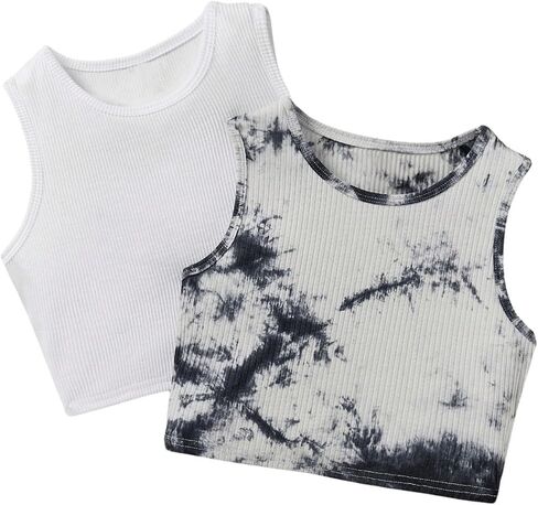 Milumia Girl's 2 Piece Tie Dye Ribbed Knit Round Neck Tank Top Sleeveless Summer Crop Tops in Saudi Arabia