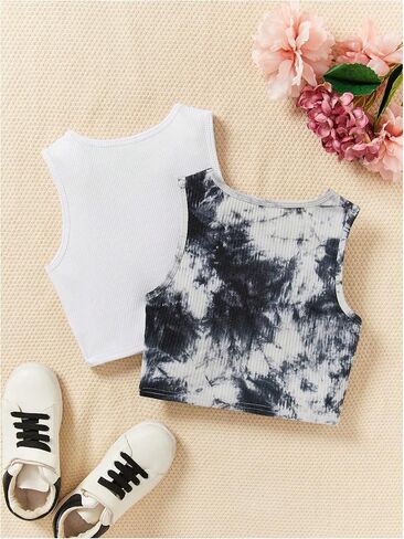 Milumia Girl's 2 Piece Tie Dye Ribbed Knit Round Neck Tank Top Sleeveless Summer Crop Tops in Saudi Arabia