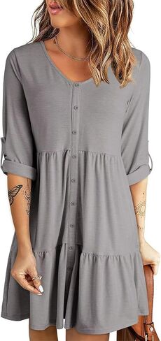Dokotoo Dresses for Women 2024 Long Sleeve V Neck Knitted Button Down Elastic Waist Ruffle Tiered Mini Dress with Pockets in Saudi Arabia