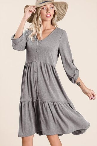 Dokotoo Dresses for Women 2024 Long Sleeve V Neck Knitted Button Down Elastic Waist Ruffle Tiered Mini Dress with Pockets in Saudi Arabia