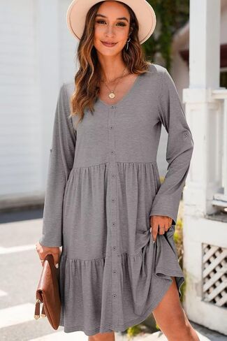 Dokotoo Dresses for Women 2024 Long Sleeve V Neck Knitted Button Down Elastic Waist Ruffle Tiered Mini Dress with Pockets in Saudi Arabia